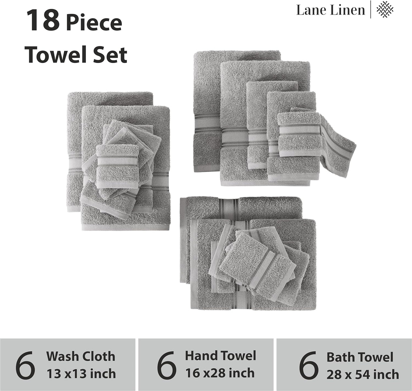 18 Pc LANE LINEN 100% Cotton 18 Piece Bath Towel Set - Super Soft & Highly Absorbent - 6 Bath, 6 Washcloths, 6 Hand Towels for Bathroom - Hotel Quality Bathroom Towel Set - Grey