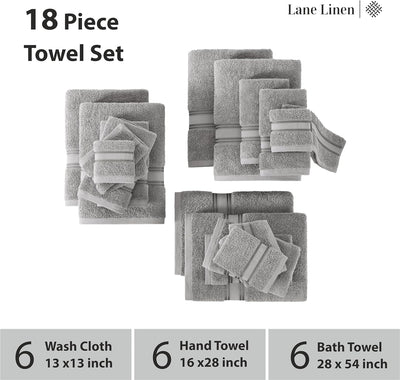 18 Pc LANE LINEN 100% Cotton 18 Piece Bath Towel Set - Super Soft & Highly Absorbent - 6 Bath, 6 Washcloths, 6 Hand Towels for Bathroom - Hotel Quality Bathroom Towel Set - Grey