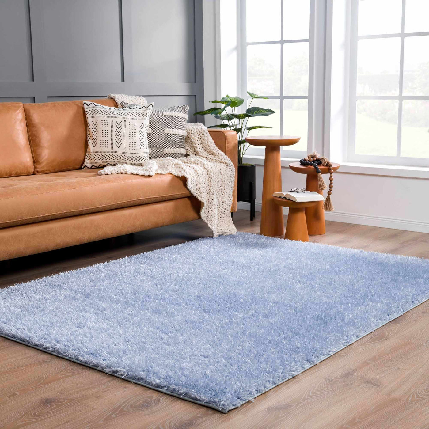 Faina Solid Aqua Shag Rug Washable