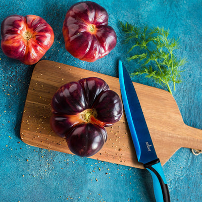 Kitchen Knife Set Kit | Blue Handle &  Blade with Black Magnetic Rack