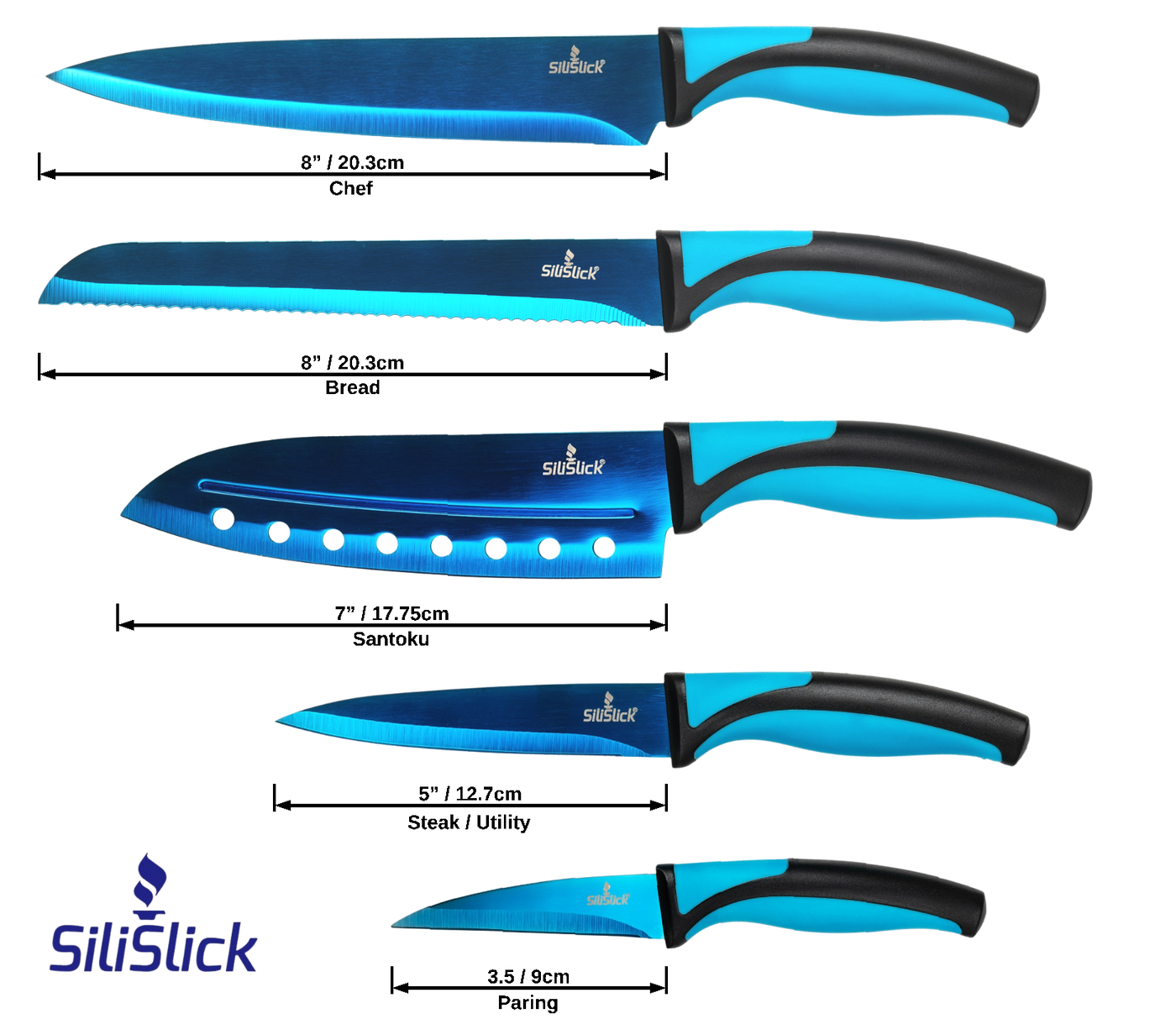 Kitchen Knife Set Kit | Blue Handle &  Blade with Black Magnetic Rack