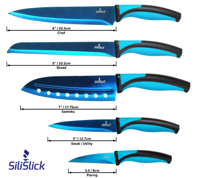 Kitchen Knife Set Kit | Blue Handle &  Blade with Black Magnetic Rack