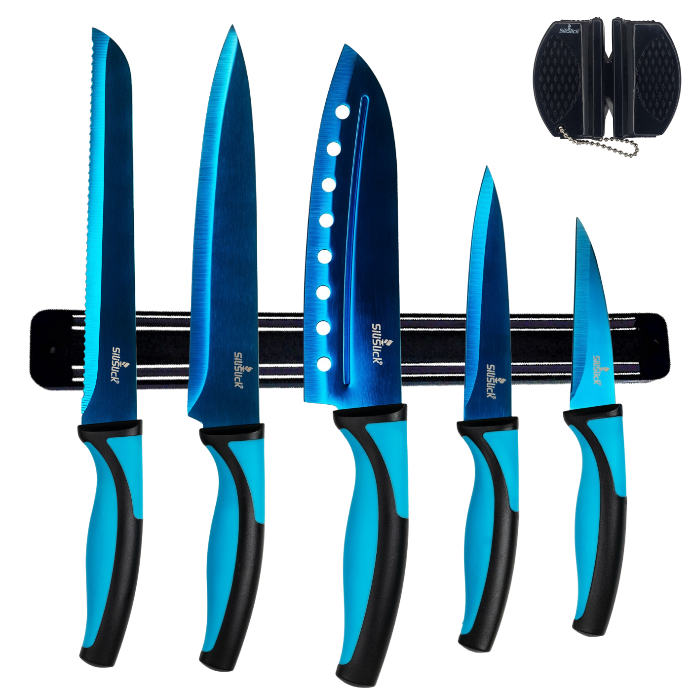 Kitchen Knife Set Kit | Blue Handle &  Blade with Black Magnetic Rack