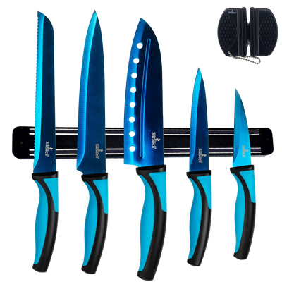 Kitchen Knife Set Kit | Blue Handle &  Blade with Black Magnetic Rack