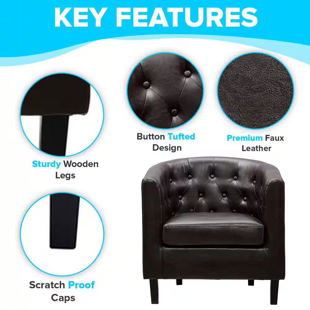 31 In. Espresso Mid-Century Modern Button Tufted Faux Leather Arm Chair