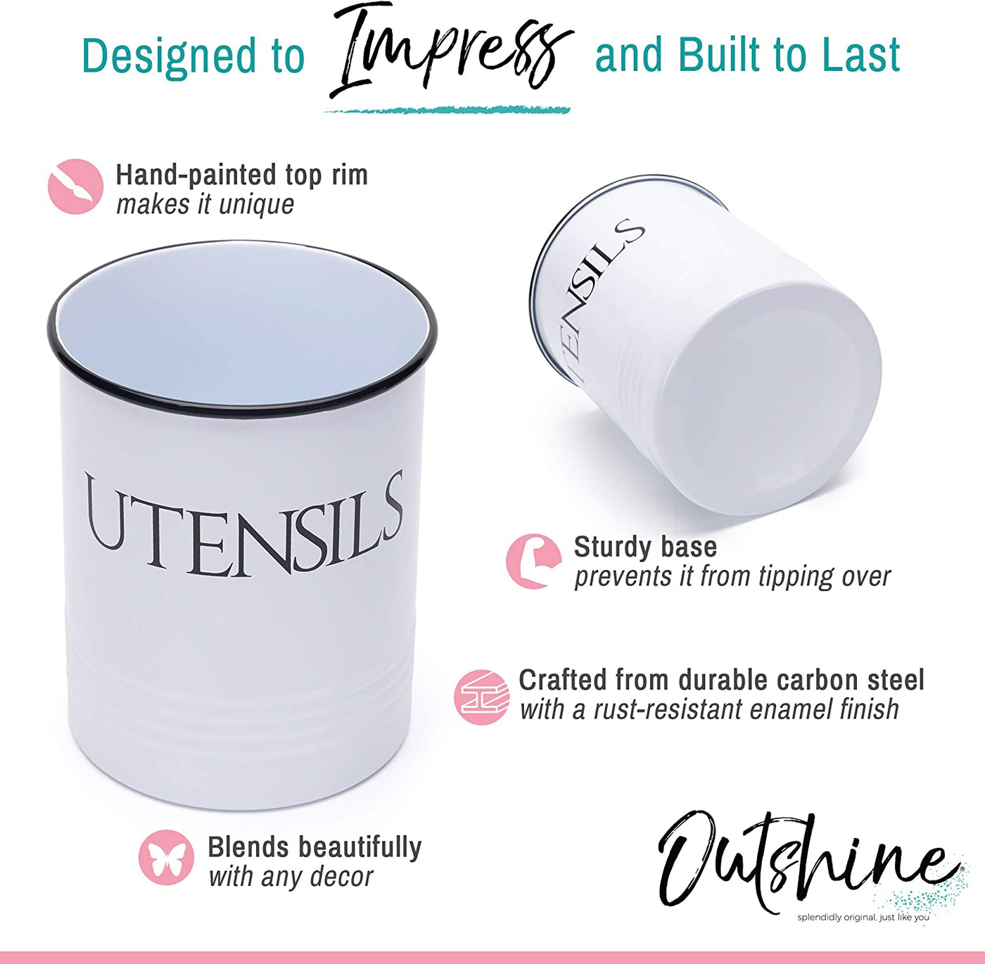 OUTSHINE Large Kitchen Utensil Holder and Farmhouse Decor with Matching Salt and Pepper Shakers, White  