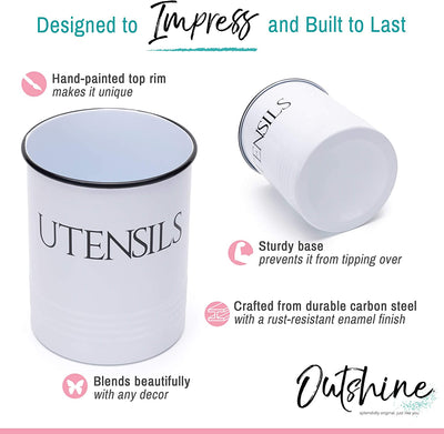 OUTSHINE Large Kitchen Utensil Holder and Farmhouse Decor with Matching Salt and Pepper Shakers, White  