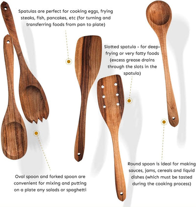 Walnut Handmade Wooden Spoons Heavy Duty Spatula Short Angled - 5Pcs 