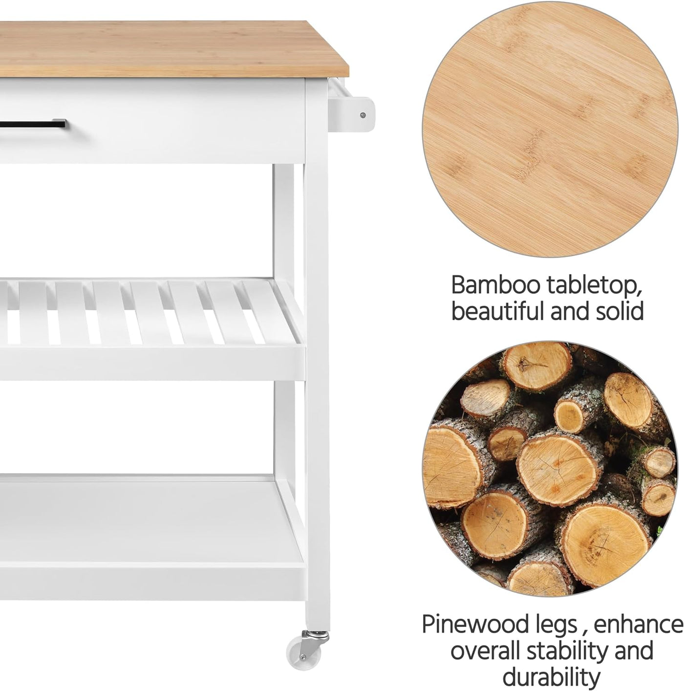 Yaheetech 40" Width Kitchen Island Cart on Wheels, 3 Tiers Rolling Utility Cart with Solid Wood Top and Drawer & 2 Spacious Storage Shelf, Serving Trolley for Dining Room, White