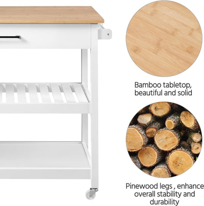 Yaheetech 40" Width Kitchen Island Cart on Wheels, 3 Tiers Rolling Utility Cart with Solid Wood Top and Drawer & 2 Spacious Storage Shelf, Serving Trolley for Dining Room, White