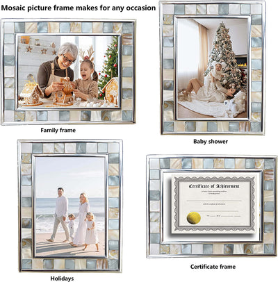 GIFTME 5 Silver Plate Grey Picture Frame 6X8 Mother of Pearl Mosaic Glass Tabletop Picture Frame (Grey+ White,1Pc)
