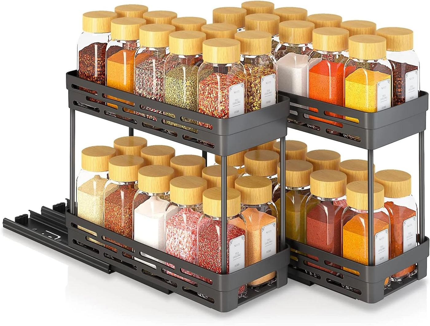 2 Packs Pull-Out Spice Rack Organizer for Cabinets, Slide-Out Design, Multi Purpose Kitchen Cabinet Organizer, Black