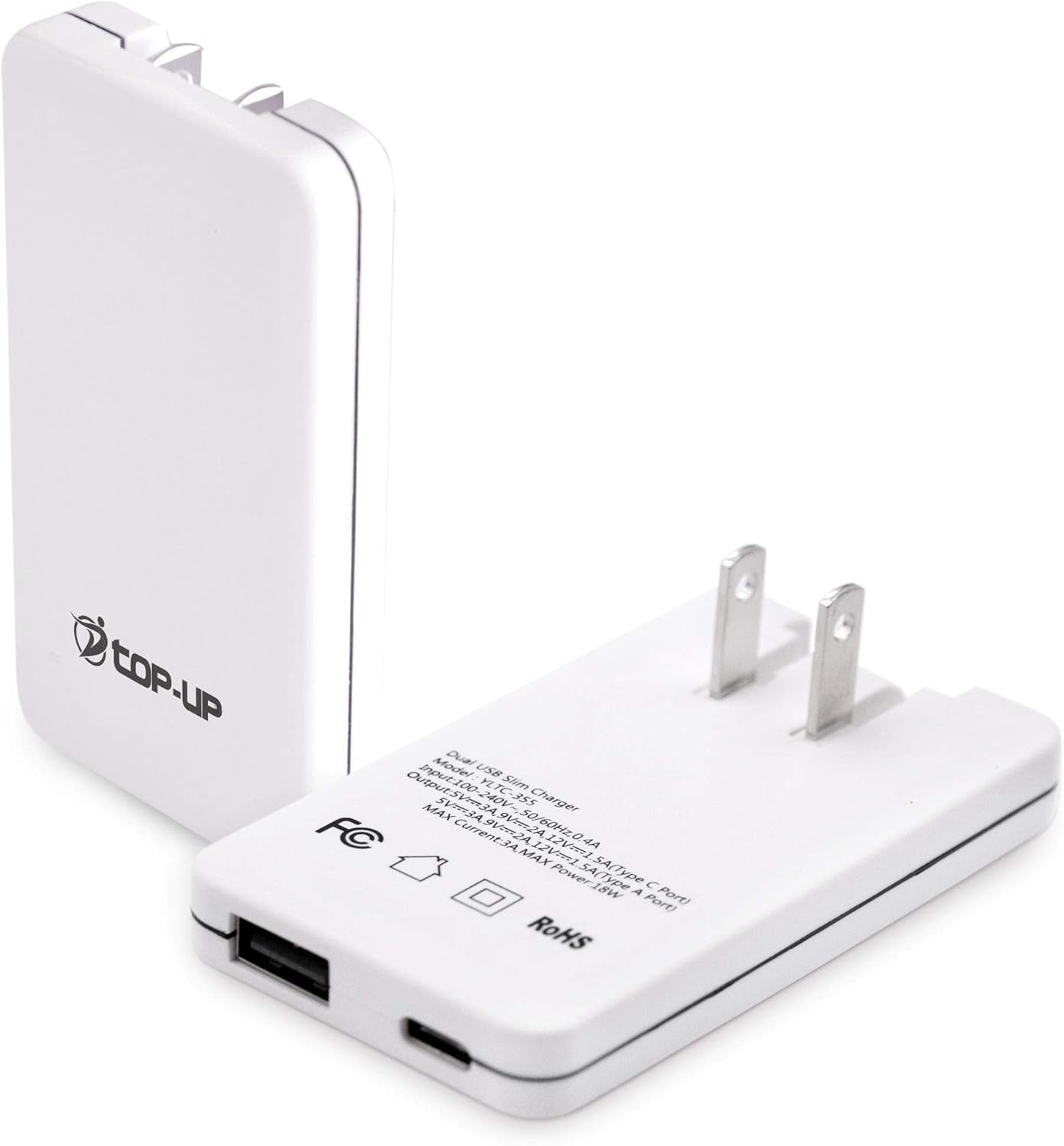 USB C Flat Wall Charger, TOP-UP Ultra Slim 18W Dual Port Charger – USB-C & A, Fast Flat USB Wall Plug for Iphone 16 15 14 13 12 Pro Max, Ipad, Airpods, Samsung Galaxy, Pixel & More