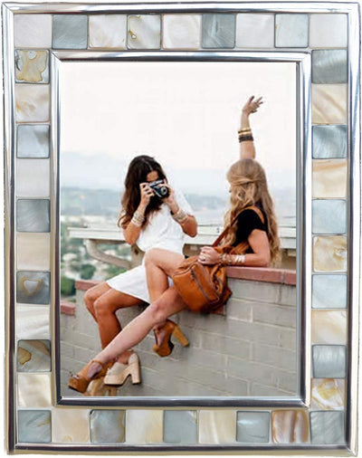 GIFTME 5 Silver Plate Grey Picture Frame 6X8 Mother of Pearl Mosaic Glass Tabletop Picture Frame (Grey+ White,1Pc)