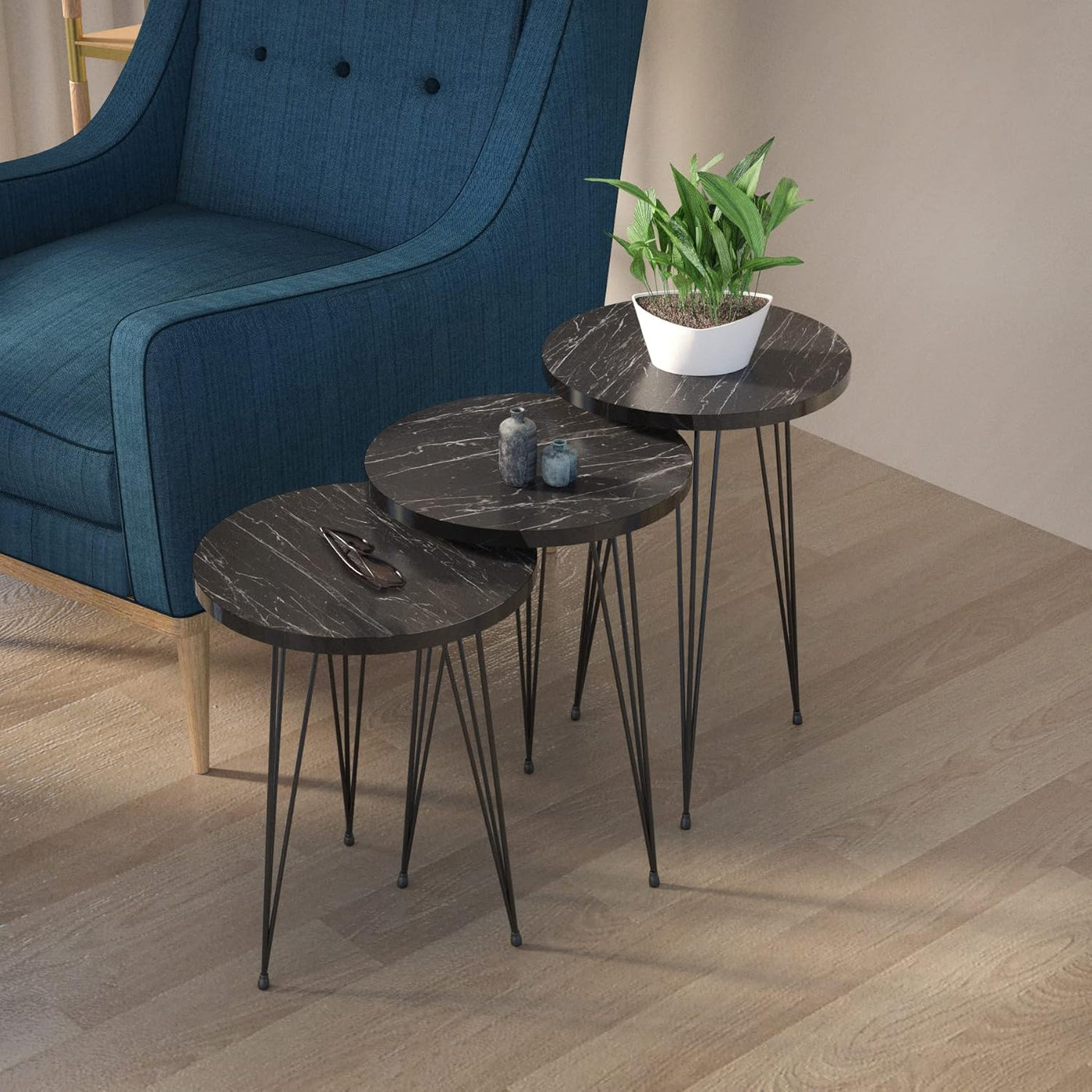 PAK HOME Set of 3 Walnut Nesting End Tables round Wood Stacking Coffee Side Accent Table with Metal Legs for Living Room, Home Office, Nightstands for Bedroom