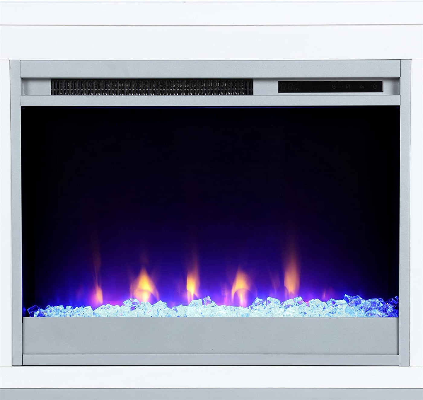 Ameriwood Home Lumina Fireplace TV Stand for Tvs up to 70 Inch, Replaceable Electric Fireplace Insert Heater, Remote Control, Timer, Color Changing LED Lights, Crystal Ember Flames, White