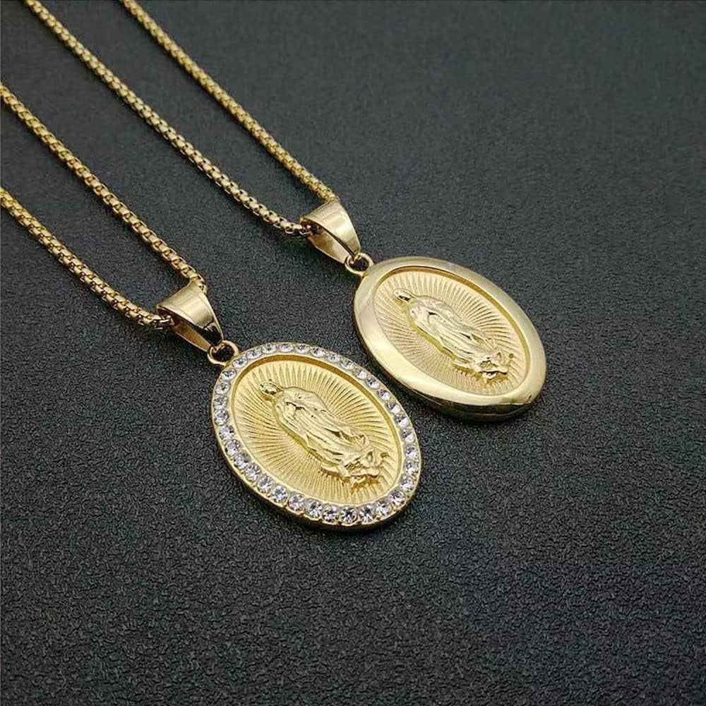Gold Plated Virgin Mary Necklace Gold Chain Pendant Necklace for Men Women Virgen De Guadalupe Necklace,24In
