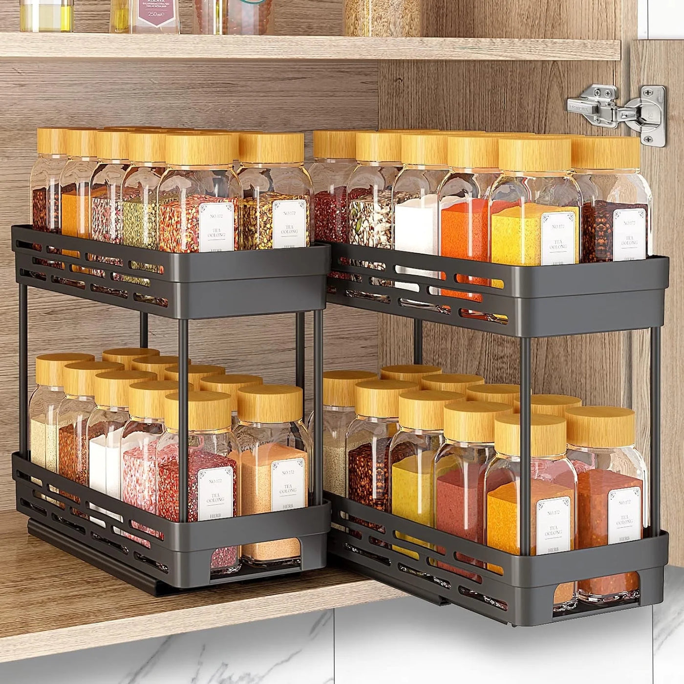 2 Packs Pull-Out Spice Rack Organizer for Cabinets, Slide-Out Design, Multi Purpose Kitchen Cabinet Organizer, Black