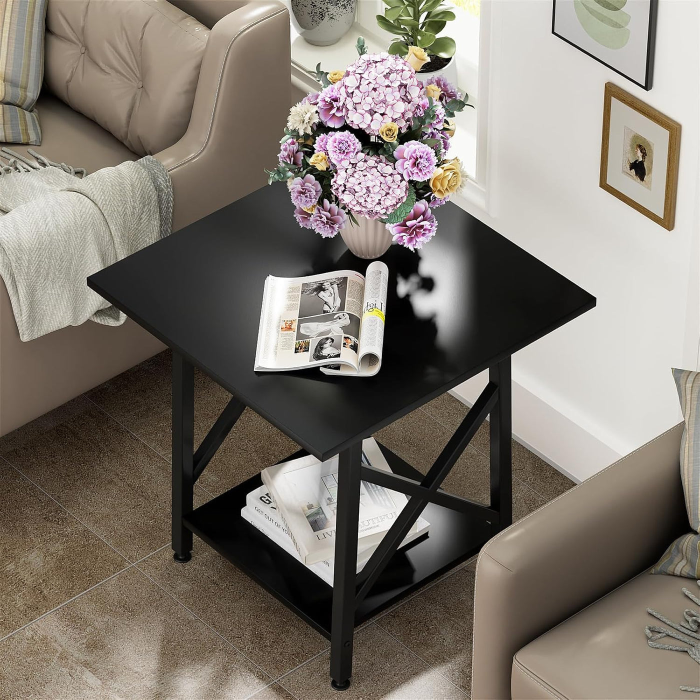 Greenforest End Table 24 Inch for Living Room, Large Square Side Tables with X-Frame, Tall Industrial Bedside Nightstand with 2-Tier Storage, Black