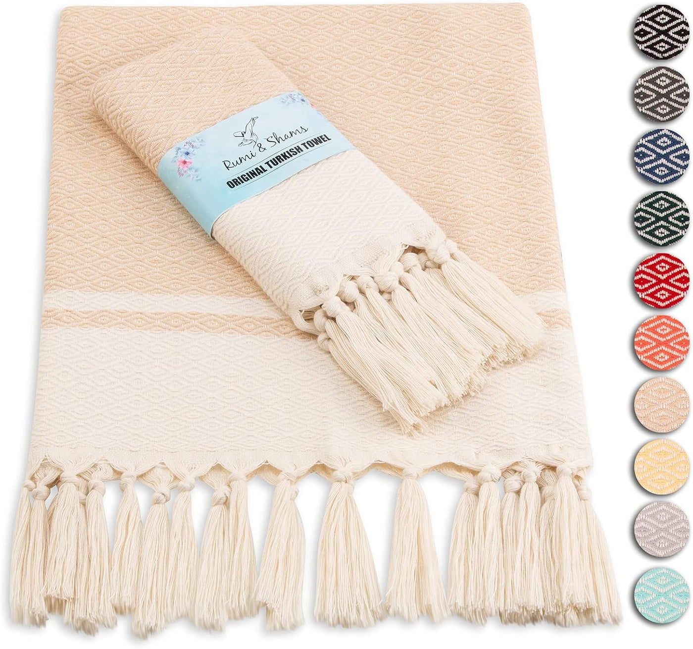 Rumi & Shams Turkish Farmhouse Boho Hand Towels | 2 Pcs Beige (Sand) | 16 X 32 Inches | 100% Cotton