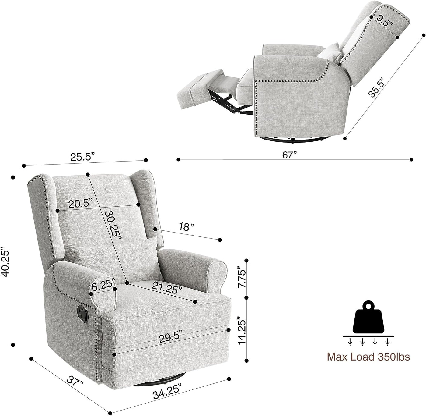 Swivel Nursery Glider Recliner, Comfy Upholstered Glider Chair with Lumbar Pillow and Footres, Grey