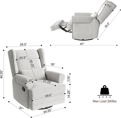 Swivel Nursery Glider Recliner, Comfy Upholstered Glider Chair with Lumbar Pillow and Footres, Grey