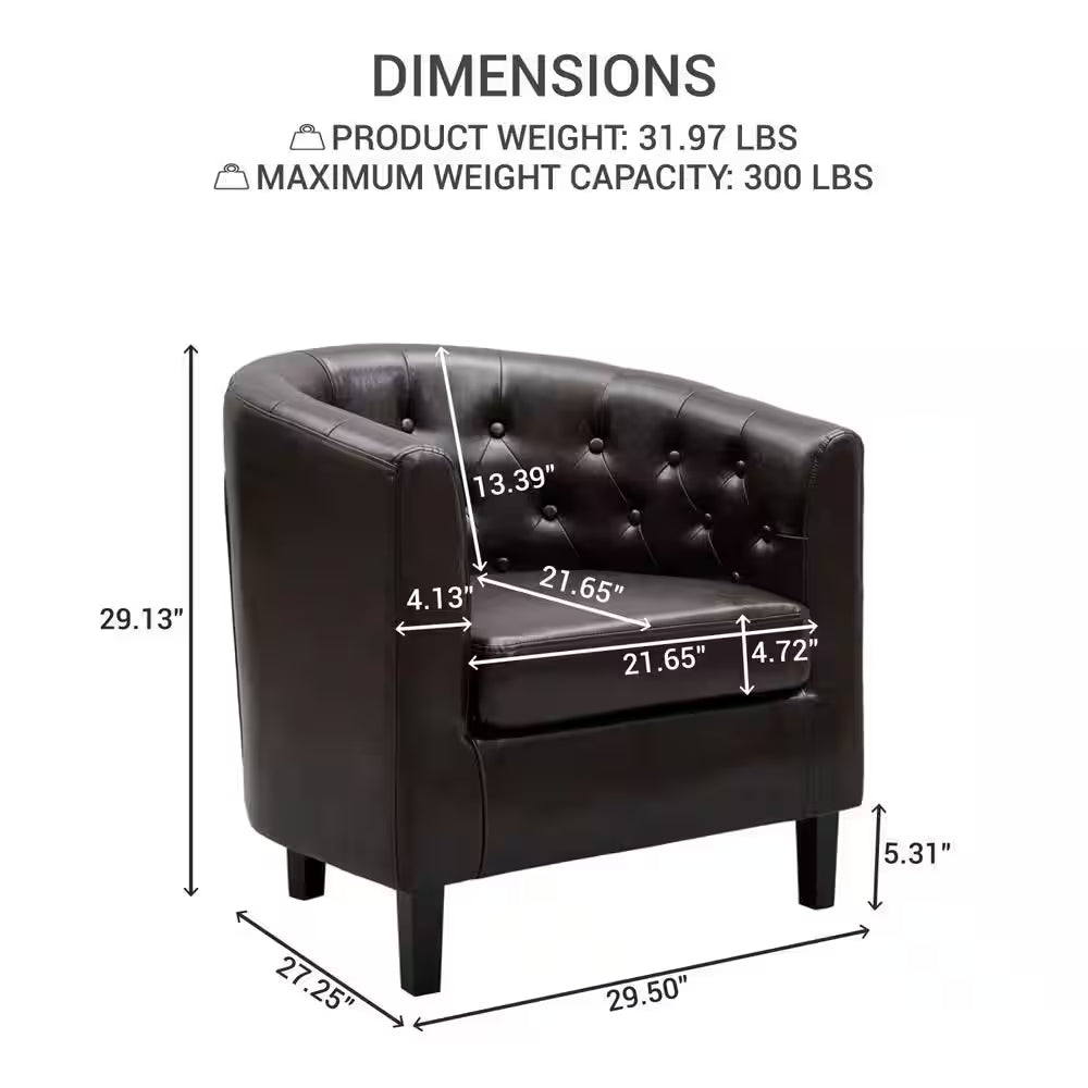 31 In. Espresso Mid-Century Modern Button Tufted Faux Leather Arm Chair