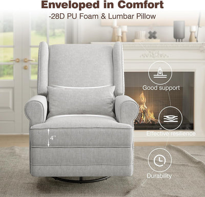 Swivel Nursery Glider Recliner, Comfy Upholstered Glider Chair with Lumbar Pillow and Footres, Grey