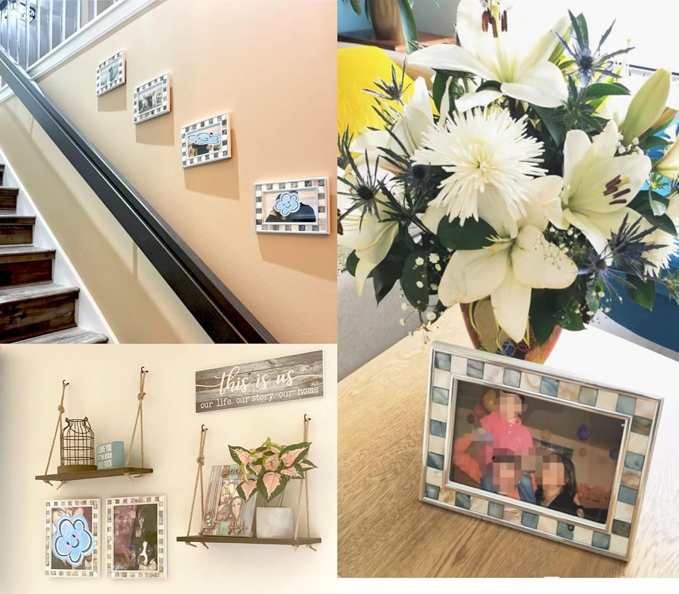 GIFTME 5 Silver Plate Grey Picture Frame 6X8 Mother of Pearl Mosaic Glass Tabletop Picture Frame (Grey+ White,1Pc)