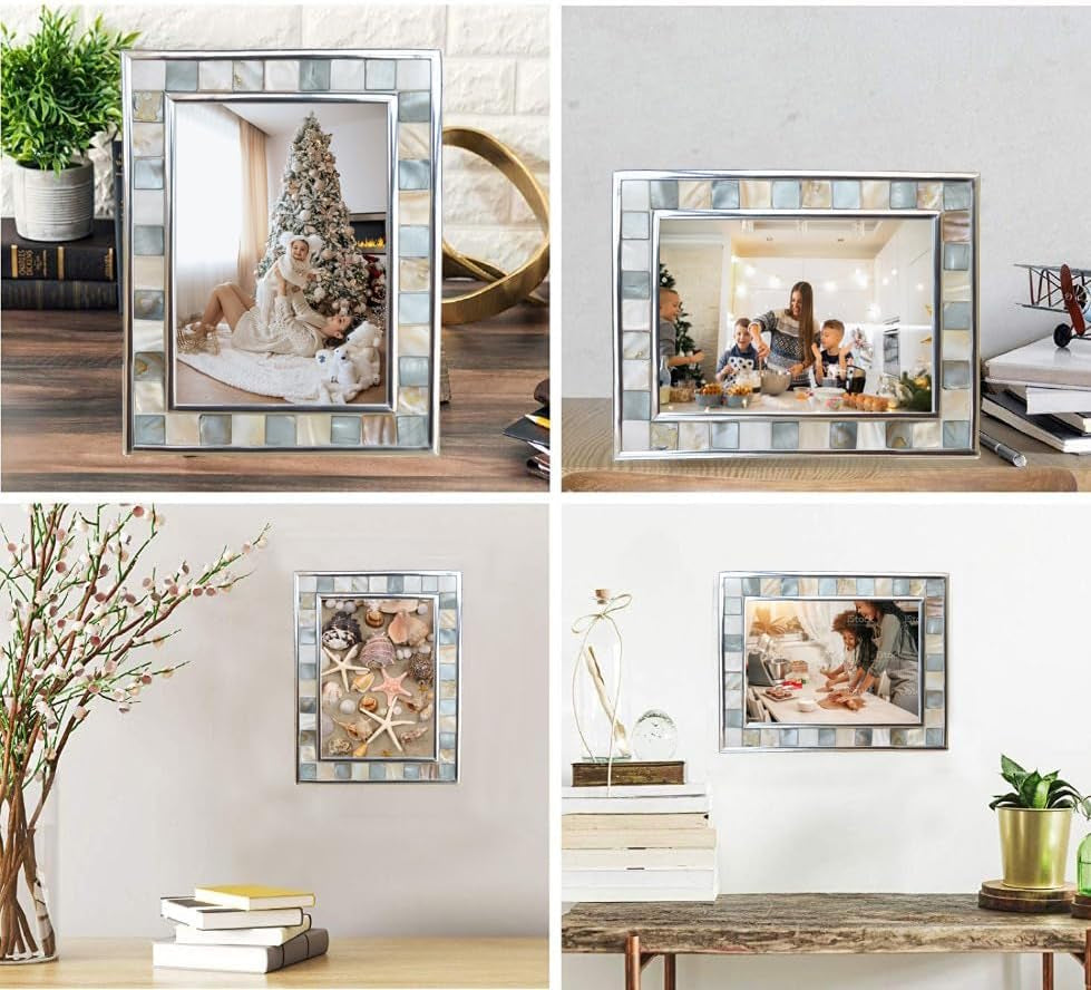 GIFTME 5 Silver Plate Grey Picture Frame 6X8 Mother of Pearl Mosaic Glass Tabletop Picture Frame (Grey+ White,1Pc)