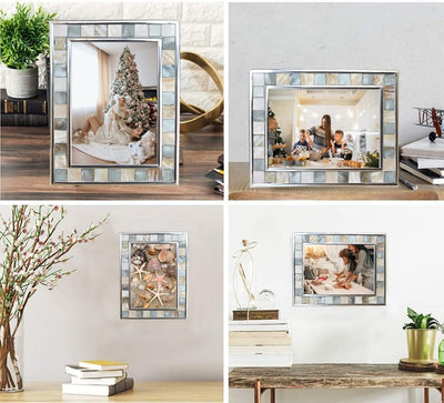 GIFTME 5 Silver Plate Grey Picture Frame 6X8 Mother of Pearl Mosaic Glass Tabletop Picture Frame (Grey+ White,1Pc)