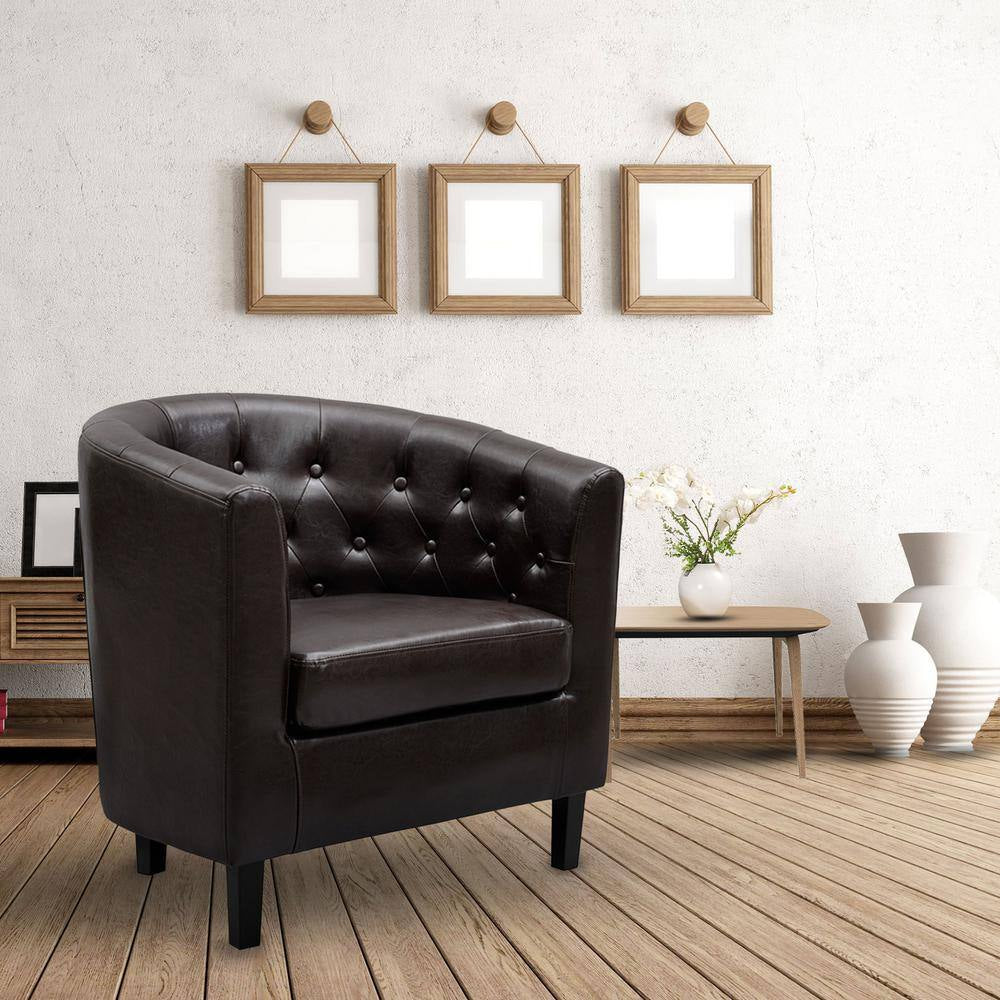 31 In. Espresso Mid-Century Modern Button Tufted Faux Leather Arm Chair