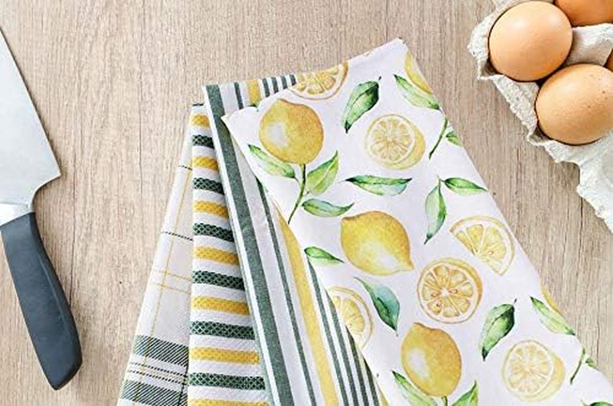 ACCENTHOME Lemon Yellow Printed Cotton Kitchen Towel Set - Absorbent Multi Purpose Kitchen Linen - 4 Drying Dish Hand Towels 20X28
