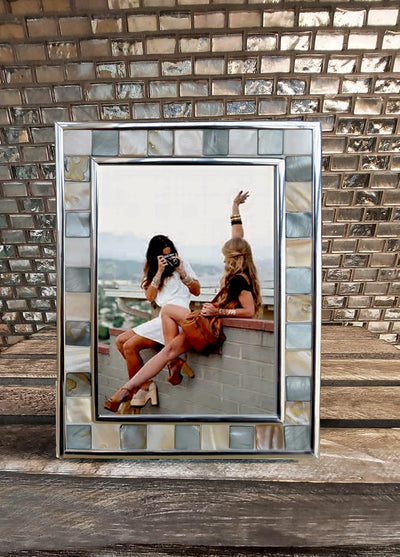 GIFTME 5 Silver Plate Grey Picture Frame 6X8 Mother of Pearl Mosaic Glass Tabletop Picture Frame (Grey+ White,1Pc)