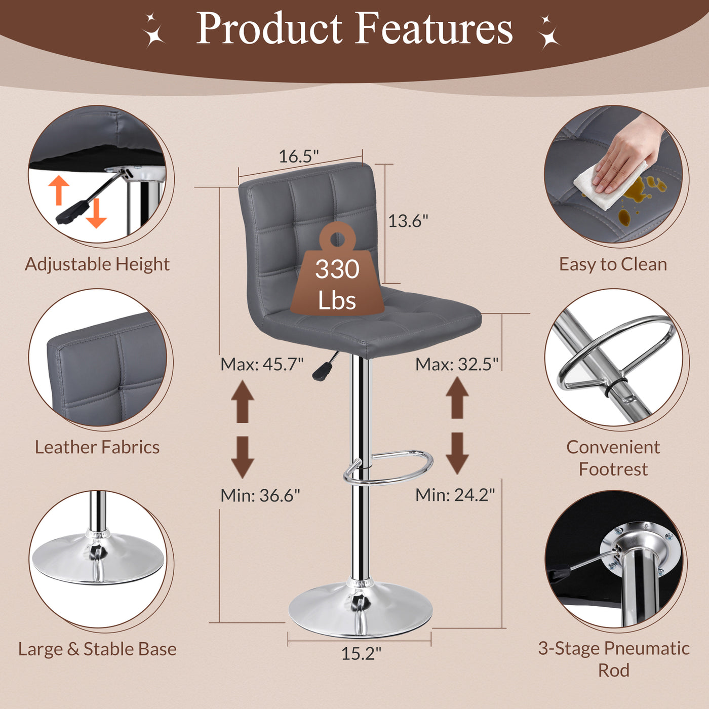 (Set of 4)Adjustable Bar Stools Swivel PU Leather Modern Dinning Chairs with Back Set of 4