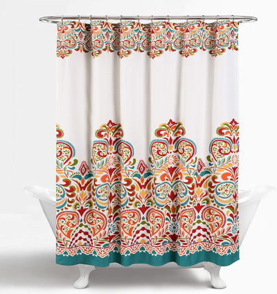 Lush Decor Clara Shower Curtain - Fabric Colorful Boho Paisley Damask Print Design, 72” X 72”, Turquiose & Tangerine