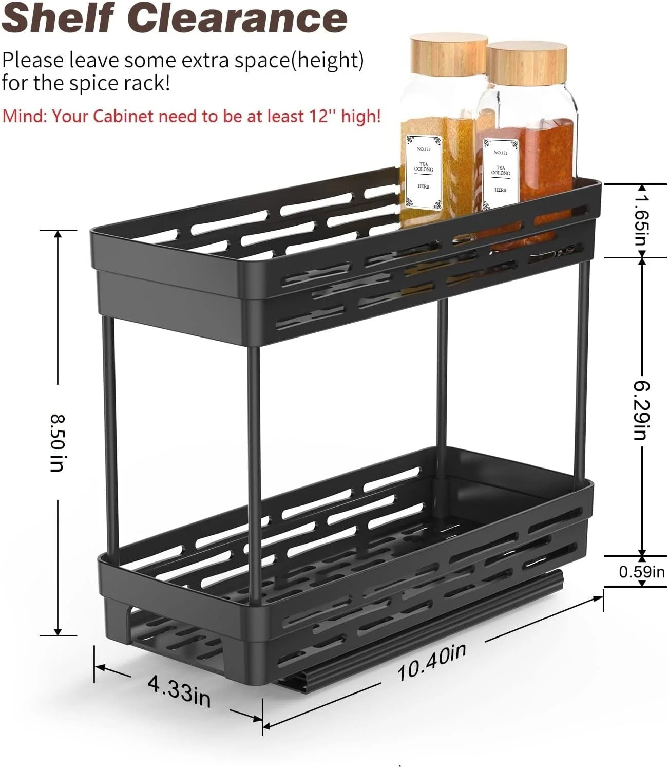 2 Packs Pull-Out Spice Rack Organizer for Cabinets, Slide-Out Design, Multi Purpose Kitchen Cabinet Organizer, Black