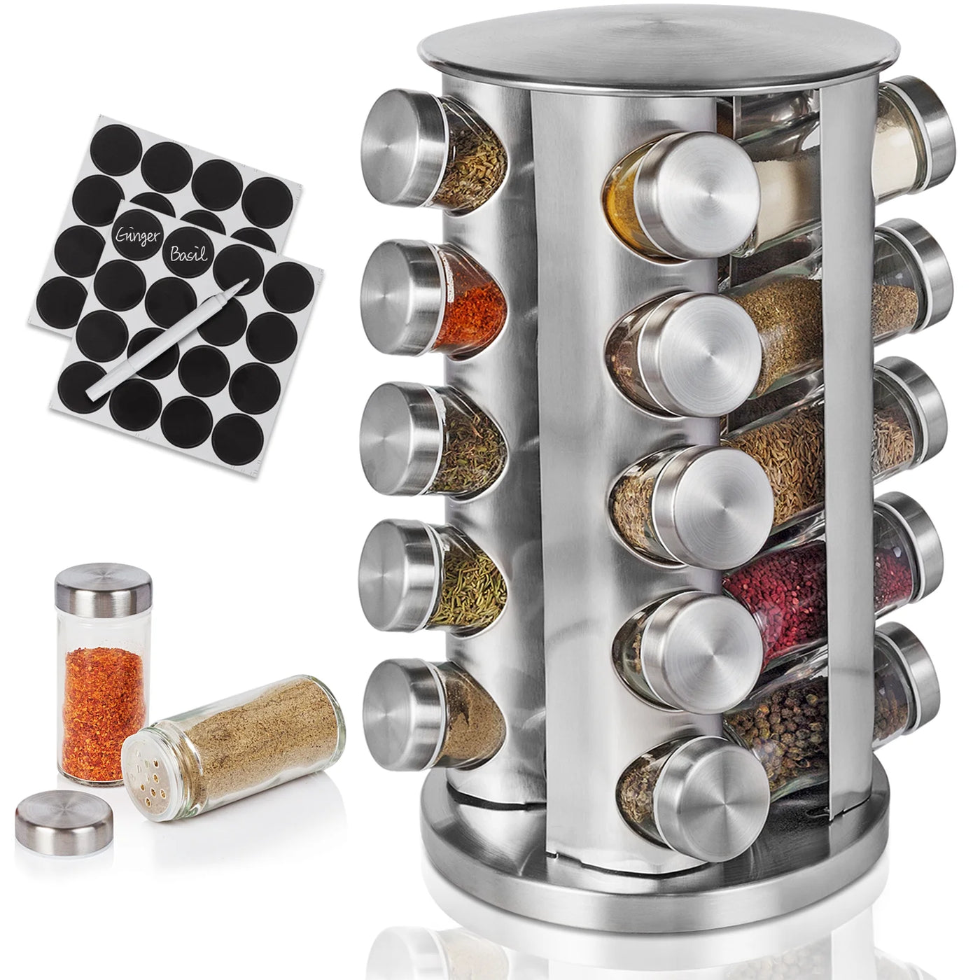 Rotating Spice Rack with Jars, Spinning Spice Rack Shelf, Revolving Spice Rack for Kitchen (Silver)