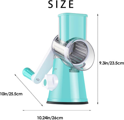 Ourokhome Rotary Cheese Grater Hand Crank, Potatoe Shredder Speed Mandolin Slicer Nut Grinder with Handle and Drum Blades , 3 Blades, Blue