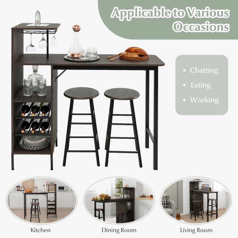 3 Piece Bar Table and Chairs Set with 6-Bottle Wine Rack