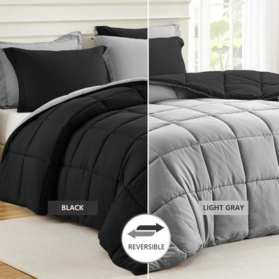  King Size Comforter Set Black,  Soft down Alternative Reversible All Season 3 Piece Set with 2 Shams Black/Light Grey