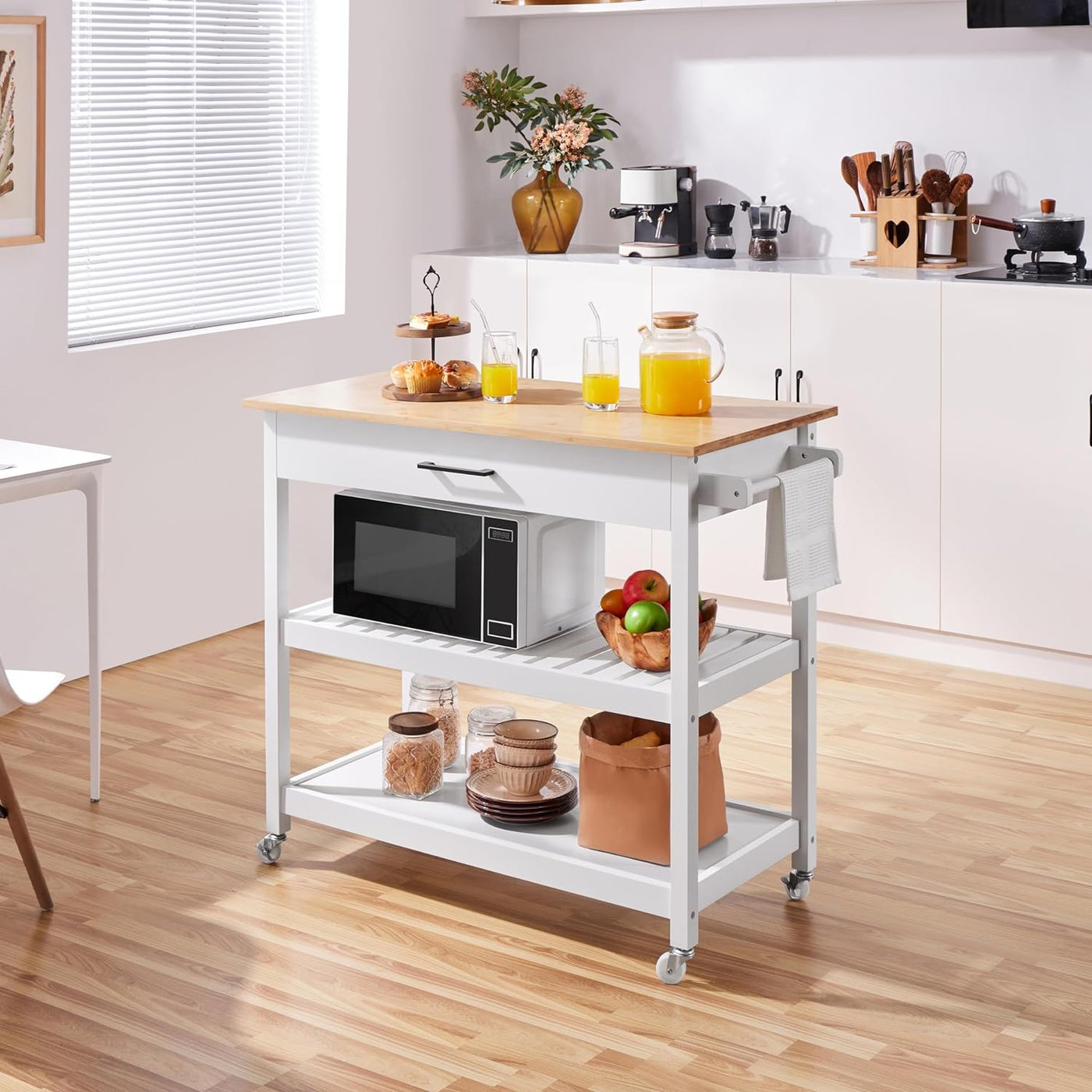 Yaheetech 40" Width Kitchen Island Cart on Wheels, 3 Tiers Rolling Utility Cart with Solid Wood Top and Drawer & 2 Spacious Storage Shelf, Serving Trolley for Dining Room, White