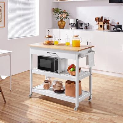 Yaheetech 40" Width Kitchen Island Cart on Wheels, 3 Tiers Rolling Utility Cart with Solid Wood Top and Drawer & 2 Spacious Storage Shelf, Serving Trolley for Dining Room, White