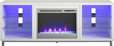 Ameriwood Home Lumina Fireplace TV Stand for Tvs up to 70 Inch, Replaceable Electric Fireplace Insert Heater, Remote Control, Timer, Color Changing LED Lights, Crystal Ember Flames, White
