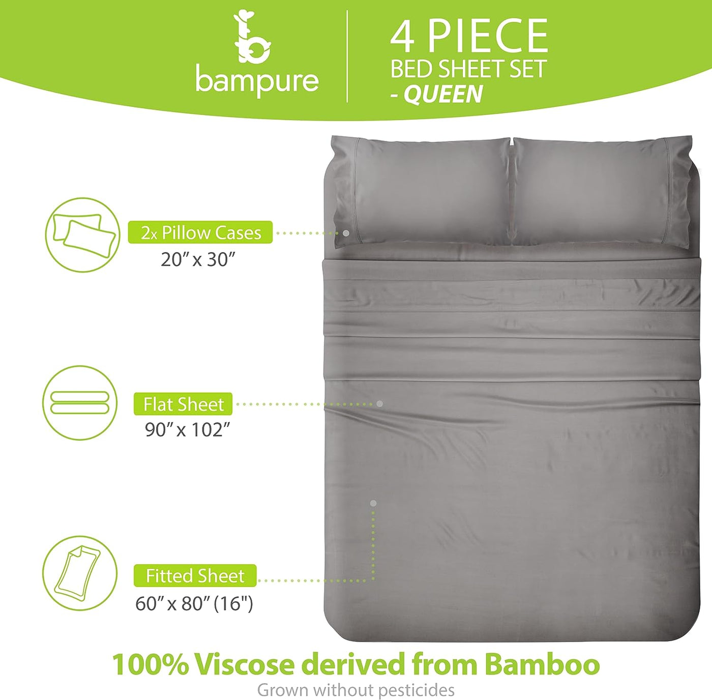 BAMPURE Luxury Series Queen Sheet Set - 100% Pure Viscose Bamboo Sheets - Super Soft, Cooling for Hot Sleepers - Deep Pocket (S Grey)