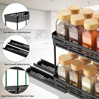 2 Packs Pull-Out Spice Rack Organizer for Cabinets, Slide-Out Design, Multi Purpose Kitchen Cabinet Organizer, Black