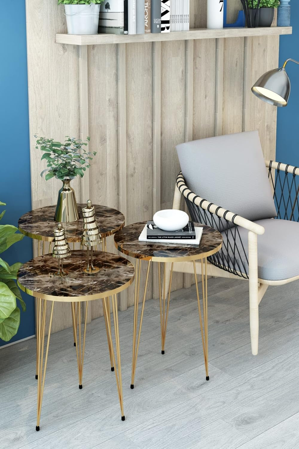 PAK HOME Set of 3 Walnut Nesting End Tables round Wood Stacking Coffee Side Accent Table with Metal Legs for Living Room, Home Office, Nightstands for Bedroom