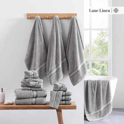18 Pc LANE LINEN 100% Cotton 18 Piece Bath Towel Set - Super Soft & Highly Absorbent - 6 Bath, 6 Washcloths, 6 Hand Towels for Bathroom - Hotel Quality Bathroom Towel Set - Grey