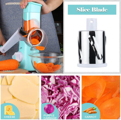 Ourokhome Rotary Cheese Grater Hand Crank, Potatoe Shredder Speed Mandolin Slicer Nut Grinder with Handle and Drum Blades , 3 Blades, Blue