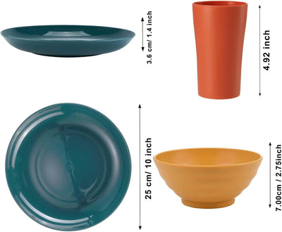 Dinnerware Set for 4, 16 Pack Plastic Bpa-Free Dinner Plates, Salad Plates, Cereal Bowls, Cups, Colorful Unbreakable Plates and Bowls Sets, Microwave and Dishwasher Safe